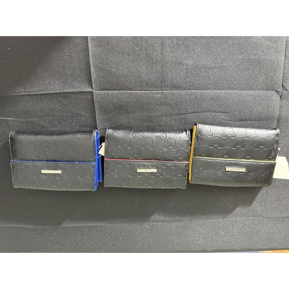Set of 3 Disney Black Leather Embossed Mickey Mouse Wallets NOS Yellow Blue Red‎